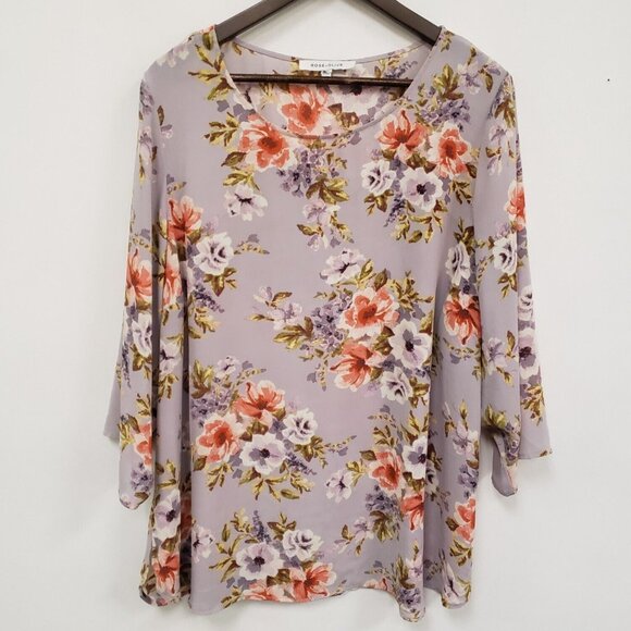 Rose & Olive Womens Floral Flare Sleeve Sheer Top Size 2X Purple Pastel Church - Picture 1 of 10